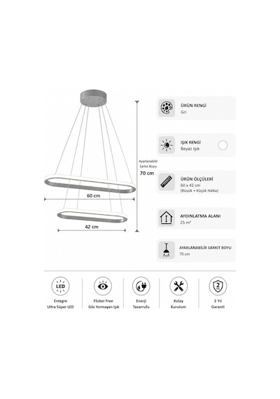 AvizeGO Elipso 2'li Led Sarkıt Avize Beyaz Işık Gri