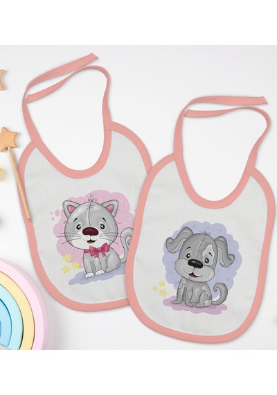 BK Kids Sevimli Kedi ve Köpek Tasarımlı 2’li Pembe Mama Önlüğü-1 Pembe