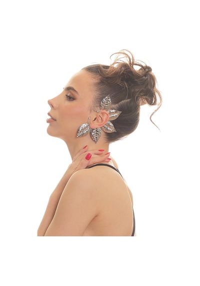 Kadın Gümüş Renk Lak Kaplama Zirkon Taşlı Dokulu Yaprak Stilizesi Sol Kulak Earcuff&kıkırdak Küpe Çok Renkli