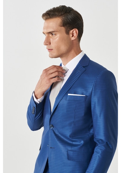 AC&Co / Altınyıldız Classics Eksta Slim Fit Dar Kesim Mono Yaka Kareli Mavi Takım Elbise Mavi-48-6N Mavi