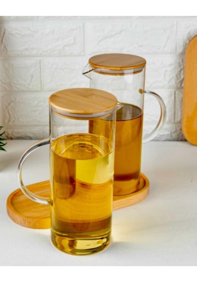 3 Parça 400 Ml Borosilikat Yağlık - Bambu Altlık Ve 2 Adet Bambu Kapaklı Cam Yağdanlık Saydam Cam
