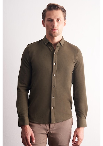 İmza Haki Uzun Kol Düğmeli Yaka Kendinden Desenli Pamuklu Slim Fit Gömlek 1004255267 Haki