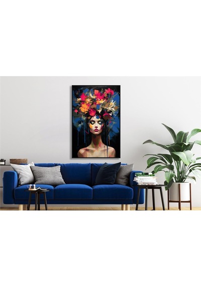 Yağlı Boya Dokulu Tablo Modern Çiçek Saçlı Kadın Siyah Çerçeveli U05013-178965