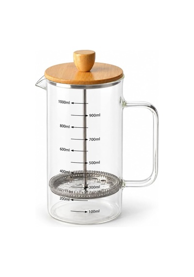 Bambu Kapaklı French Press, 1000 Ml Ölçülü Borosilikat Cam Filtre Kahve Ve Bitki Çayı Demliği, Cam Kulplu Diğer