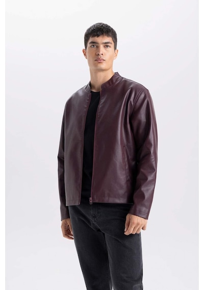 DeFacto Su İtici Slim Fit Dar Kesim Dik Yaka Fermuarlı Suni Deri Mont D8525AX25SPBR34