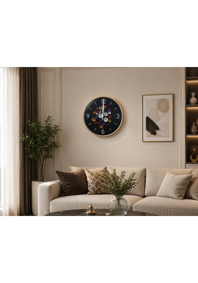 Çiçek Bahçesi Dekoratif Duvar Saati Gold Çerçeveli Modern Tasarım