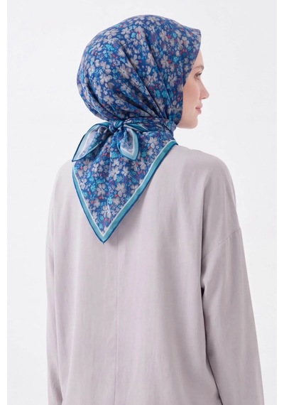 Silk Home Mini Floral Desen Soft Pamuk Eşarp Koyu Mavi