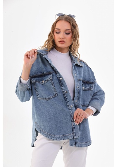 Esb Design Kadın Mavi Cepli Etnik Mevsimlik Düğmeli Uzun Denim Nakışlı Kot Ceket A36-085