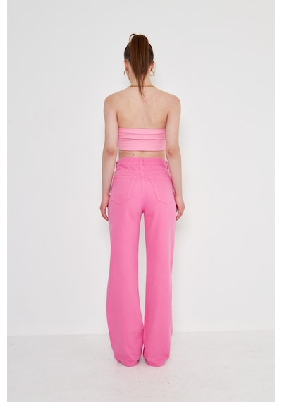 Kutaf Pembe Yuksek Bel Likrasız Palazzo Jean Pembe