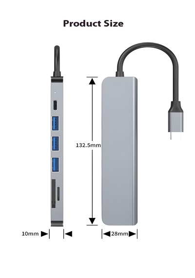 7in1 Aluminiumusb Çoklayıcı Çevirici Pd100w Hızlı Şarj 4k 60hz 1xhdm 3xusb 1xtype-c Tf/sd Gri