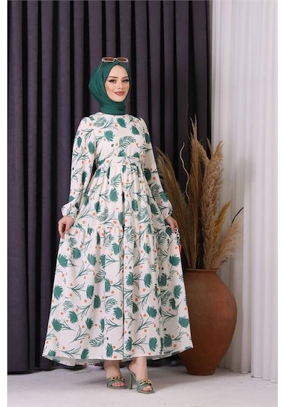 Neşeli Butik Kadın Keten Desenli Tesettür Elbise Sms002 - Yeşil Yeşil