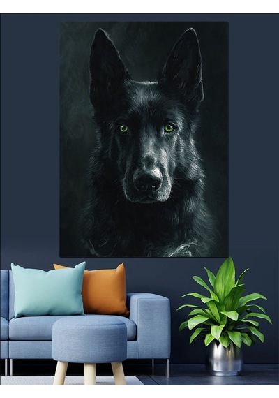 Siyah Kurt Köpek Portresi Dekoratif Kanvas - Mdf Ahşap Tablo