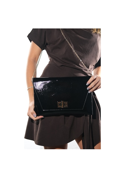 Maorı Siyah Kırışık Rugan Kadın Clutch Çanta