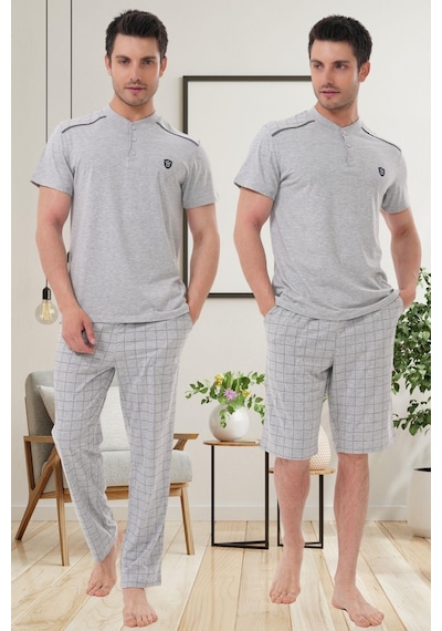 Mecit Pijama Mecit 2980 Gri Büyük Beden 3 Parça Erkek Şortlu Pijama Takımı Gri