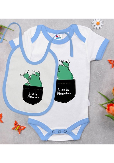 Bk Kids Little Monster Tasarımlı Mavi Bebek Body Zıbın Ve Mama Ön Çok Renkli