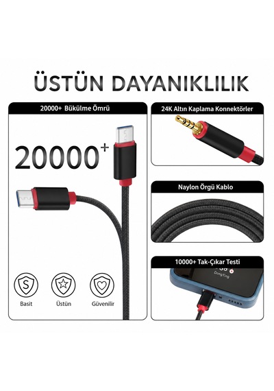 Type-c - 3.5mm Aux Ses Kablosu, Örgülü Kulaklık Kablosu, Mikrofon Destekli Araç Ve Telefon Ses Aktarım Kablosu, 1 Metre Siyah/kırmızı