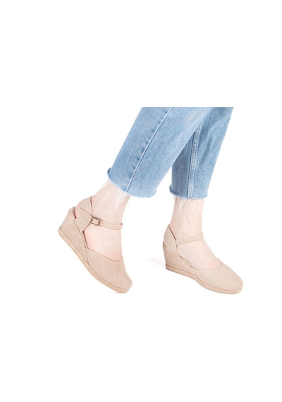 Gerçek Elişi Hasır Rengi Topuğu Açık Keten Espadril Dolgu Topuk Handmade Hasır