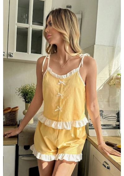 Bella Notte Sarı Fırfır Ve Fiyonk Detaylı Askılı Şortlu Pijama Takımı