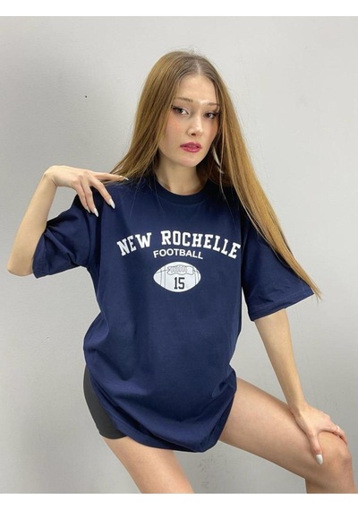 Flood Of Style Lacivert Rochelle Baskılı Oversize Bisiklet Yaka Tshirt