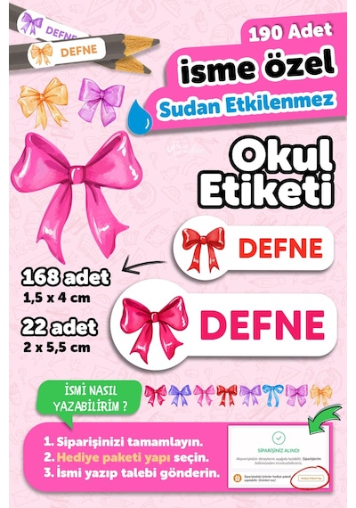 Okul Etiketi Kalem Defter İsimli Etiket Isim Yazılabilen Fiyonklu Set - 190 Adet Özel Tasarım Etiket Çok Renkli