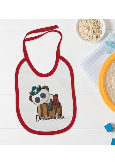 BK Kids Kişiye Özel Sevimli Korsan Tasarımlı Kırmızı Mama Önlüğü Kırmızı