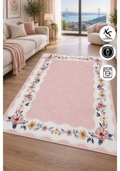 Floral Çerçeve Desenli Baskılı Kaymaz Yıkanabilir Salon Oturma Odası Mutfak Balkon Halısı Yolluk Pembe