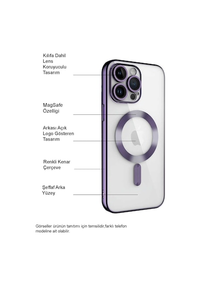 Apple Uyumlu  iPhone 12 Pro Mag Safe Özellikli Lens Korumalı Logo Gösteren Şeffaf Silikon Kılıf - Mor