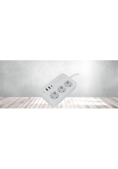 Polosmart Mp15, Akım Korumalı Uzatma Kablosu, 3'lü Priz, 2 Metre Kablo, 2 Usb+1 Type-c 2