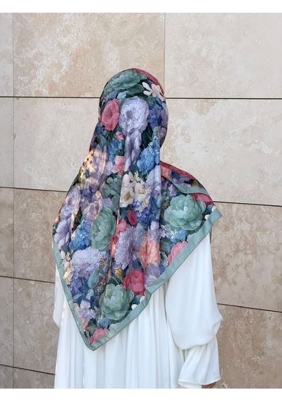 Qalortex Scarf Pamuklu Gonca Desen Eşarp - Su Yeşil