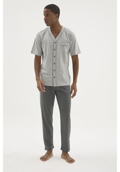 Angbutik Kocabey 2210 Erkek Battal V.yaka Boydan Düğmeli Pijama Takım Gri Melanj