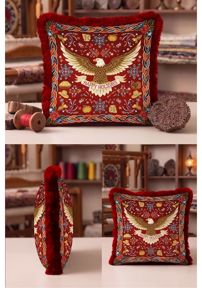 Yılbaşı Kartal Happy Holidays Saçaklı Yastık Kılıfı - Nostaljik Noel Bordo Püsküllü Kırlent Kılıfı Bej