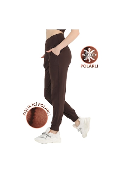 Kadın Koyu Kahve Polarlı Kışlık Eşofman Altı Jogger Yüksek Bel Şardonlu Dalgıç 1062 Koyu Kahve