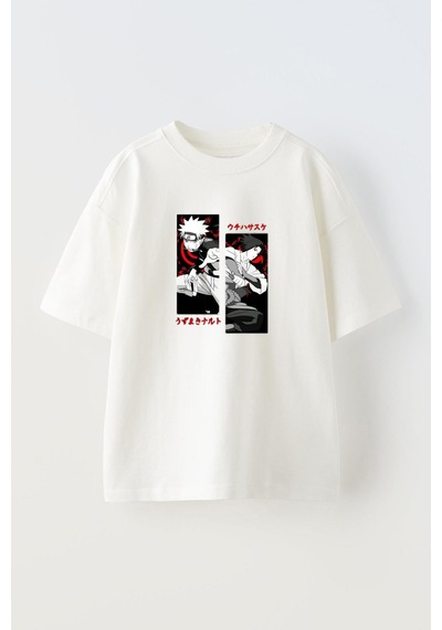 Thewert Unisex Naruto Sasuke Tasarım Baskılı Pamuk Beyaz Oversize T-shirt