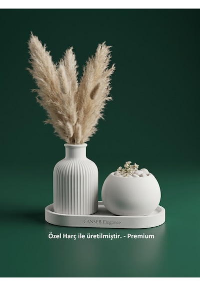 Üçlü Pampas Vazosu & Saksı Sukulent Dekoratif Obje Seti 35946154