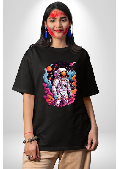 Ay Mars Astronot Pamuklu Bisiklet Yaka Unisex Oversize Boyfriend Dijital Baskılı Siyah T-shirt Siyah