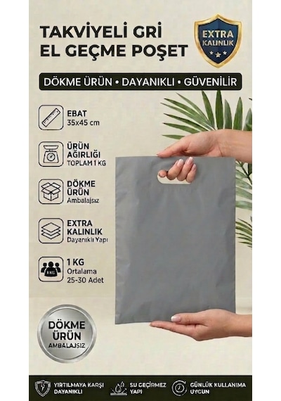 35x45 Gri Takviyeli El Geçme Poşet 1kg