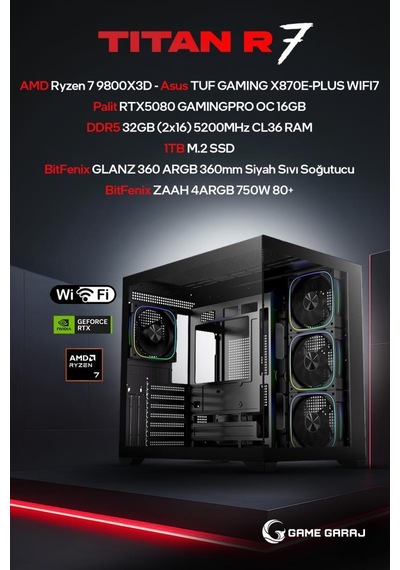 Game Garaj Titan R7-9800X3D 32 GB 1 TB SSD RTX5080 Dos Masaüstü Oyuncu Bilgisayarı