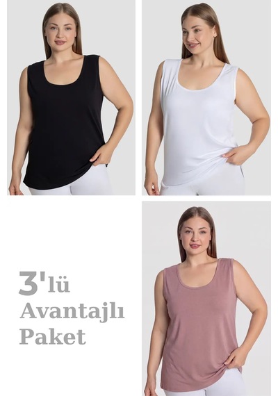 Marivento Delux Serisi Ev Giyimi Bayan Tekstil Kadın Pamuklu Büyük Beden Kalın Askılı Atlet 3'lü Paket Gül Kurusu Beyaz Siyah