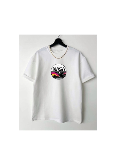 Tarzsokak Kadın Beyaz Nasa Oversize Bisiklet Yaka Tshirt