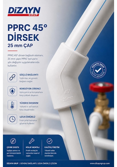 Dizayn 25 45 Dirsek, Pprc 45 Derece Dirsek 25 Mm 50 Adet Pn25 Temiz Su Tesisat Boru Ek Parçası