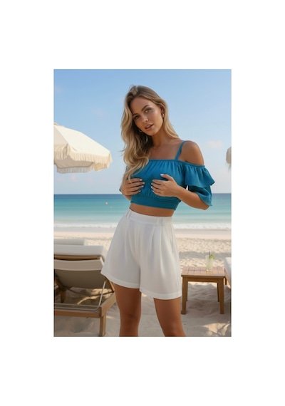 Polologin Butik Fırfır Detaylı Crop Turkuaz Mavisi Viskon Kumaş Mavi