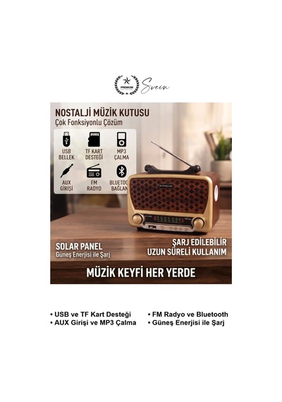 Nostaljimüzikkutusu Solar Panelli Şarjlı Bluetooth Hoparlör Retro Radyo Fm Am Sw Usb Tf Kart Aux Gi