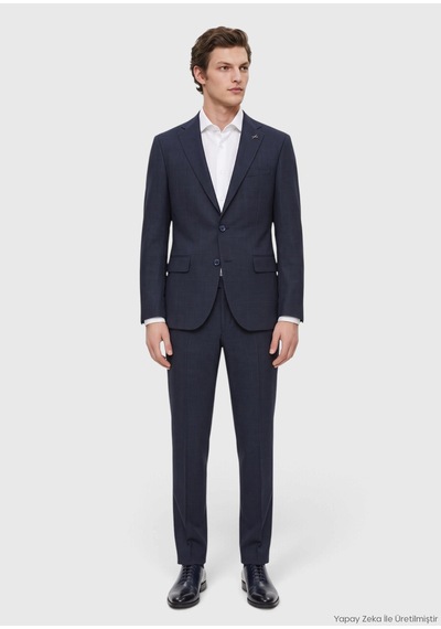 Ramsey Lacivert Kareli Modern Fit Yün Karışımlı Takım Elbise
