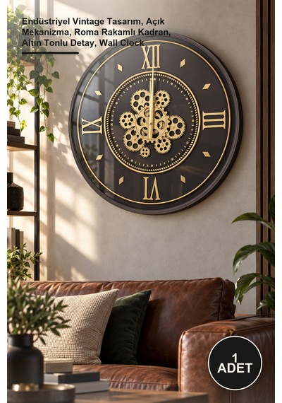 1 Adet Çarklı Duvar Saati 55 Cm Endüstriyel Vintage Tasarım, Açık Mekanizma, Roma Rakamlı Kadran, Altın Tonlu Detay, Wall Clock