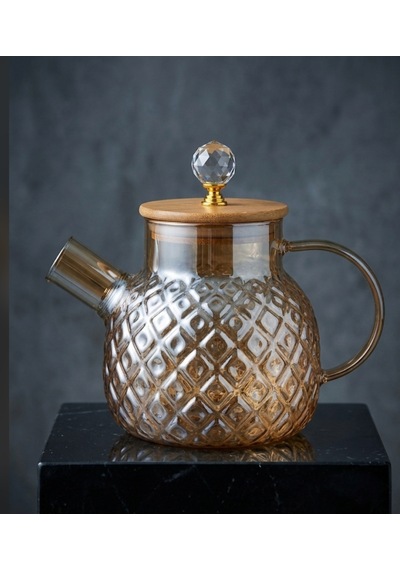 Isıya Dayanıklı Baklava Desen Cam Demlik Bambu & Metal Kapaklı Kulplu Süzgeçli 1000 Ml Füme Renk Kehribar