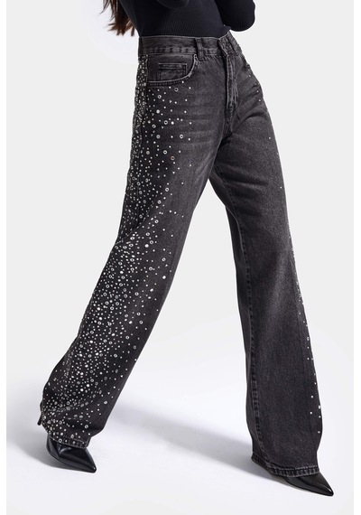 Kadın T-2w6-1 Loose Fit Parlak Taş Özel Tasarım Denim Jean Koyu Füme