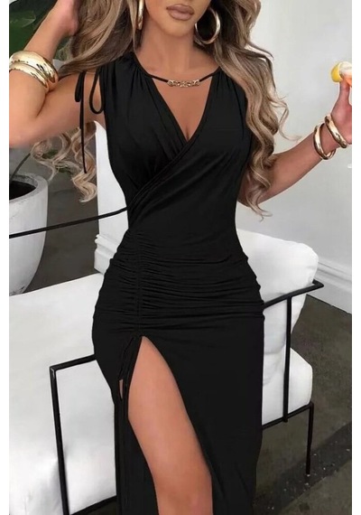 Hazego Kadın Sıfır Kollu V Yakalı Yırtmaç Detaylı Beli Büzgülü Omuzdan Bağcıklı Sandy Maxi Elbise Siyah Hazego Kadın Sıfır Kollu V Yakalı Yırtmaç Detaylı Beli Büzgülü Omuzdan Bağcıklı Sandy Maxi Elbise Siyah
