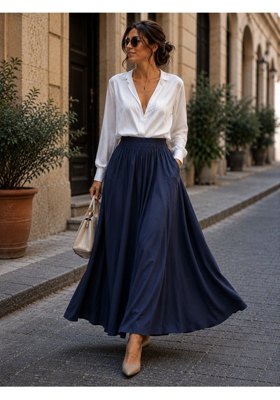 Seldağ Moda Gabardin Gizli Cepli Düz Lacivert Renk Beli Lastikli 95 Cm Boy Maxi Kloş Etek