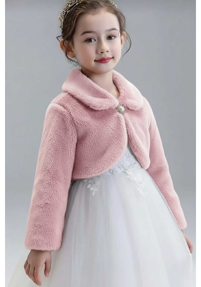 Mnk Baby & Kids Pelüş Uzun Kol Kız Çocuk Bolerosu M00681 Pudra