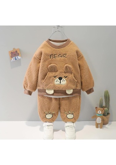 Mnk Baby & Kids Desenli Çocuk Peluş Takım Mnk0435 kahverengi